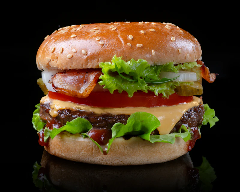 Tall beef burger with lettuce, tomato and melted cheese on a black background
