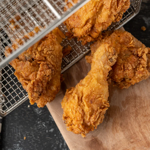 Crispy fried chicken next to a frying basket