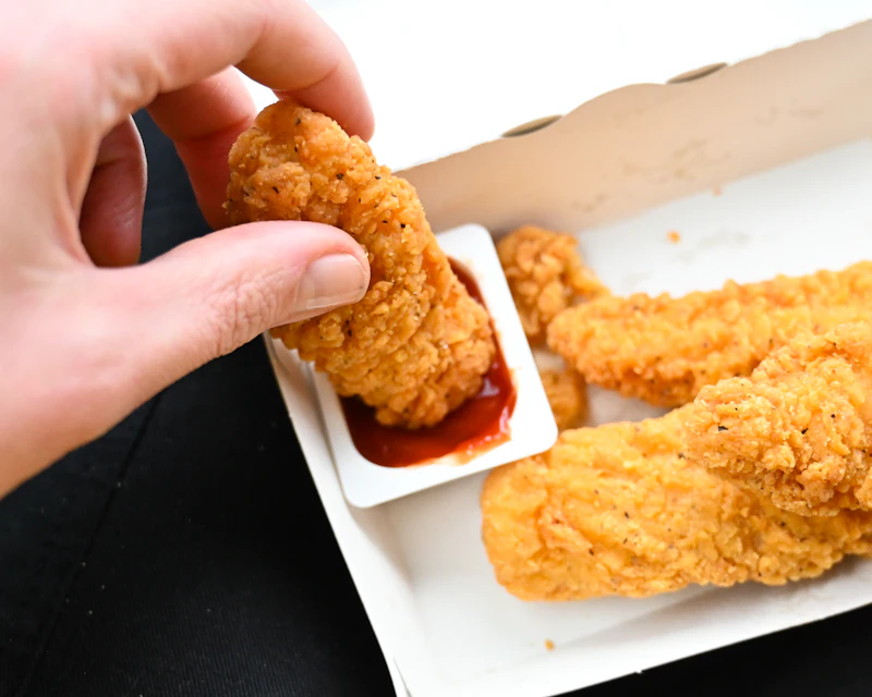 Hand dipping a crispy chicken tender into sauce